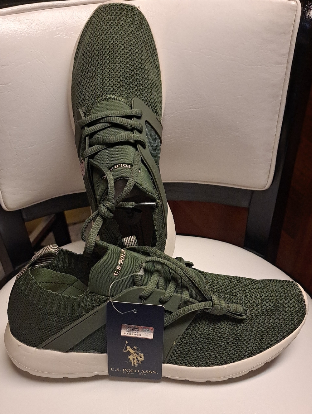 U.S. Polo Assn. Olive Green Knit Lace-Up Sneakers with White Sole and Pink Logo
